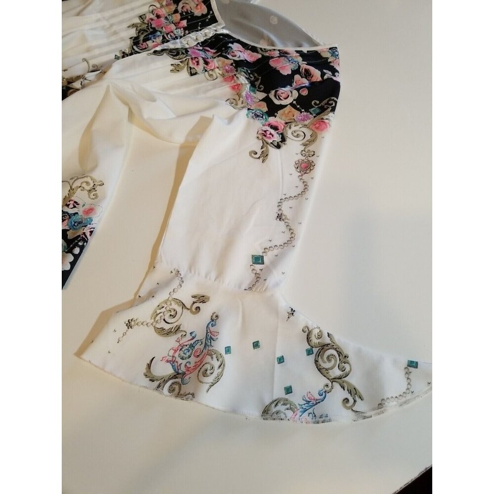 Women's Blouse Top M Ruffled Frill Sleeve Pintucked Black White Floral Silky - Picture 10 of 10